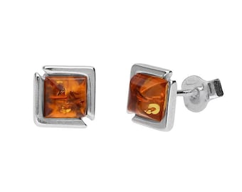 Earrings Silver and Baltic Amber Elegant Square