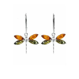 Earrings Silver and Cognac Green Baltic Amber Dragonfly