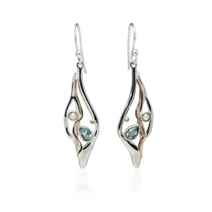 Molten Silver Drop Earrings with Blue Topaz and Pearl