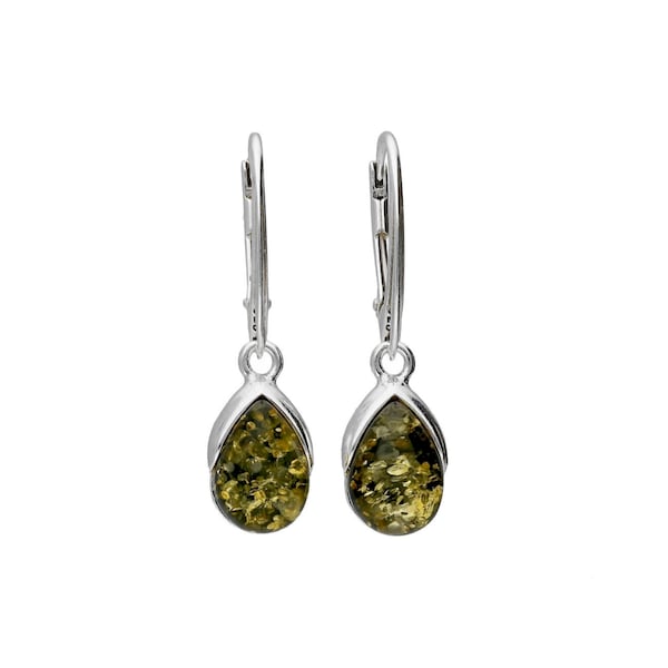 Earrings Silver and Green Baltic Amber Tear