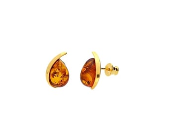 MILENA Earrings Gold Plated Elegant Pear Amber Silver