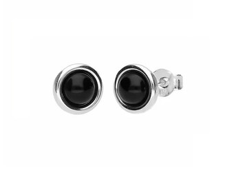 Earrings Silver and Onyx Round Stud