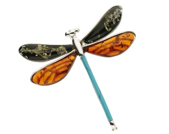 Brooch Silver Baltic Amber and Turquoise - Multicolour Dragonfly