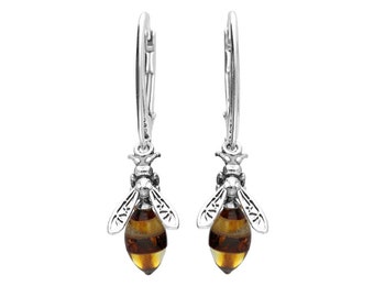 Earrings Silver and Baltic Amber Bees