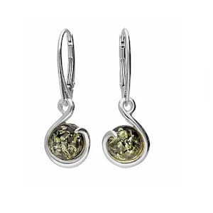 Drop Earrings Silver and Green Baltic Amber Round