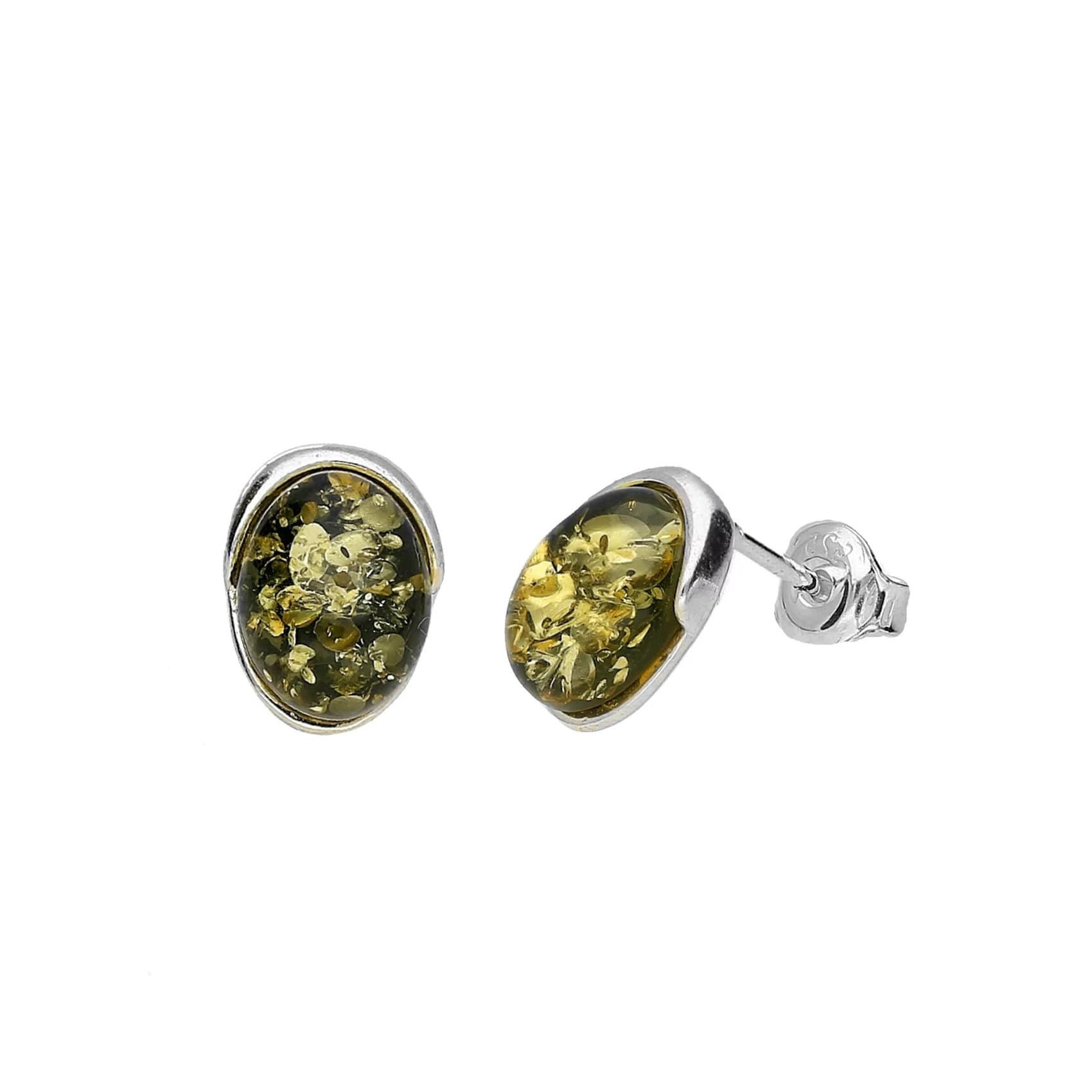 Stud Earrings Silver and Green Baltic Amber Oval