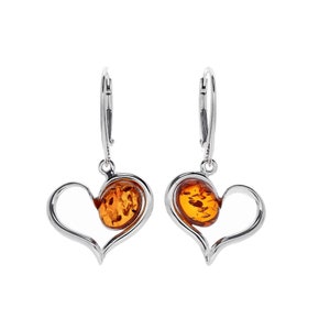 Hoop Earrings Silver and Baltic Amber Heart