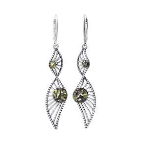 Earrings Drop Silver and Green Baltic Amber