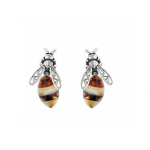 Stud Earrings Silver and Baltic Amber - Small Bees