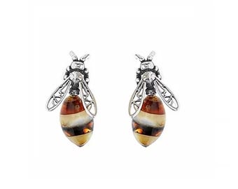 Stud Earrings Silver and Baltic Amber - Small Bees