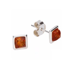Earrings Stud Silver and Baltic Amber Square