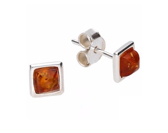 Earrings Stud Silver and Baltic Amber Square