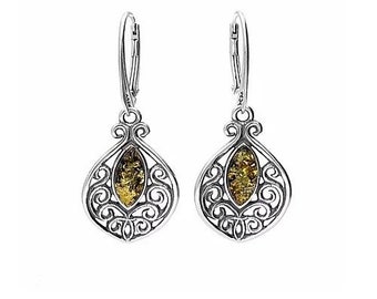 Earrings Silver and Green Baltic Amber Vintage Style
