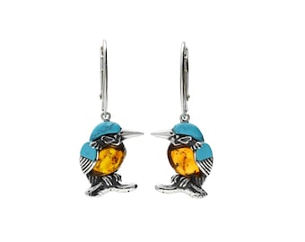 Earrings Silver Baltic Amber and Turquoise Kingfisher Small