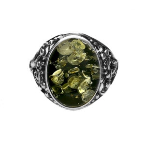 Elegant Silver Green Amber Ring