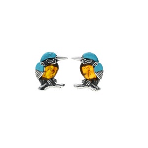 Stud Earrings Silver and Baltic Amber Kingfisher Small