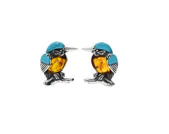 Stud Earrings Silver and Baltic Amber Kingfisher Small