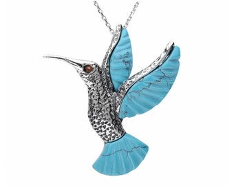 Collier Pendentif Argent Massif et Colibri Turquoise