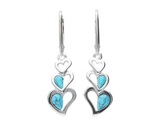 Drop Earrings  Silver and Turquoise Hearts