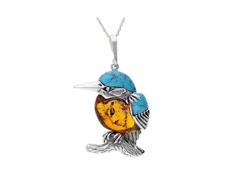 Hanger ketting zilver turkoois en Baltische barnsteen ijsvogel klein