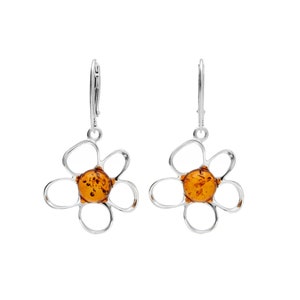 Amber Drop Flower Silver Earrings