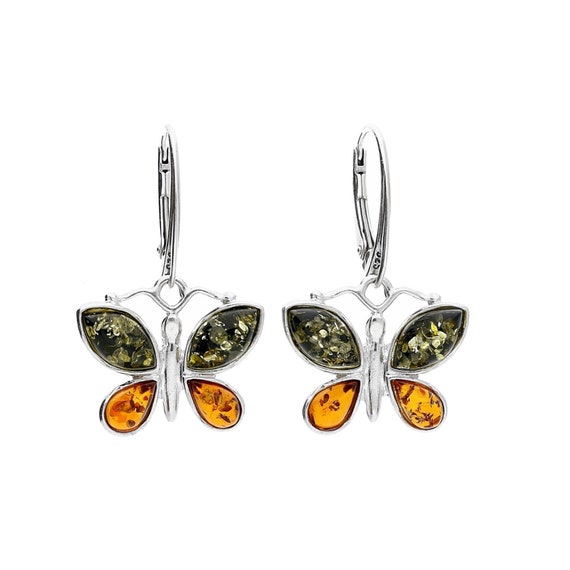 Silver / Baltic Gold Gems Earrings Honey, Cognac, Lemon, Green Gems /  Genuine Baltic Gold Gem Round Earrings on 925 Sterling Silver Earrings 