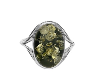 MILENA Elegant Silver Green Baltic Amber Ring