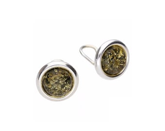 Small Clip On Earrings Silver and Green Baltic Amber