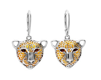 Drop Earrings Silver and Baltic Amber Tiger