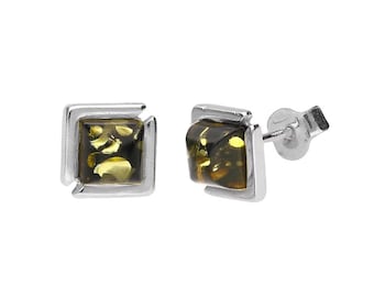 Earrings Silver and Green Baltic Amber Elegant Square