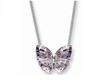 May include: A silver-toned butterfly pendant necklace. The butterfly has a detailed, openwork design with a pink and purple glittery enamel filling. The necklace chain is a delicate curb link style.