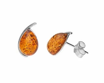 Boucles d’oreilles Silver et Baltic Amber Raindrop Studs