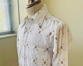 70s Shirt Long Collar Shirt Button Front Shirt Ivory & Brown Motif Shirt Retro Collar Size 16