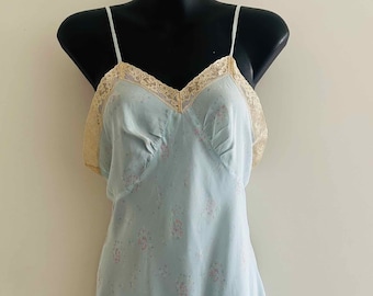 1950s 60s Slip Dress Nylon Pale Blue floral print Size SW Semi Sheer Slip Petticoat Beige Lace trim Button crutch