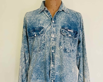 Unisex 80s Acid Wash Shirt Vintage Denim Acid wash Pointed Collar Button Up Retro 1980s Calvin Klein