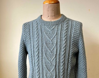 Wool Sweater Handknit Classic Crew Neck Jumper Cable Knit Wool  Sweater Mens Knitted Sweater / Chest 37 inch Handmade Pure Wool Sweater