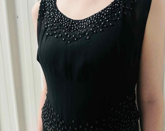Vintage Beaded Black Silk Blouse - Sheer Georgette Top, AU Size 10