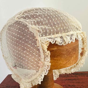 Boudoir Lace Cap 1910/ 30s Antique Pale Pink Cotton Lace Lingerie Cap ribbon applique flowers Cotton Antique Collectable