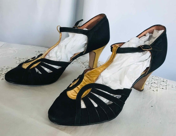 20s Dance Shoes Strap Heel Shoes UK 5 Black & Gol… - image 1
