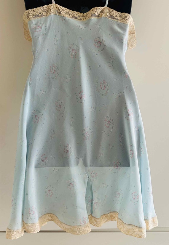 1950s 60s Slip Dress Nylon Pale Blue floral print… - image 5