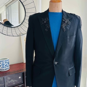 Black Beaded Blazer Mens Jacket Black Tuxedo Sequin Embellished Blazer Applique Studio 54 Blazer Ch Size 40 Lord West