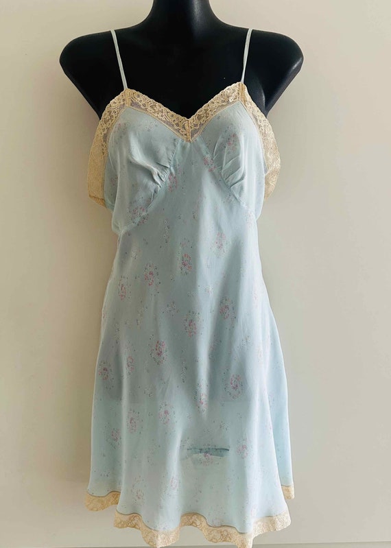 1950s 60s Slip Dress Nylon Pale Blue floral print… - image 1