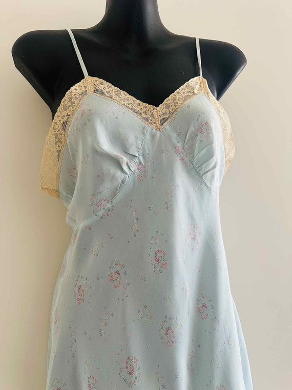 1950s 60s Slip Dress Nylon Pale Blue floral print… - image 3