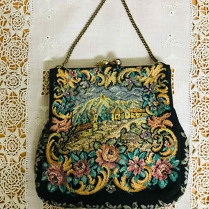 Antique Needlepoint Handbag,1930s Petit Point Tapestry Bag