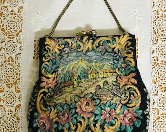 Antique Needlepoint Handbag,1930s Petit Point Tapestry Bag