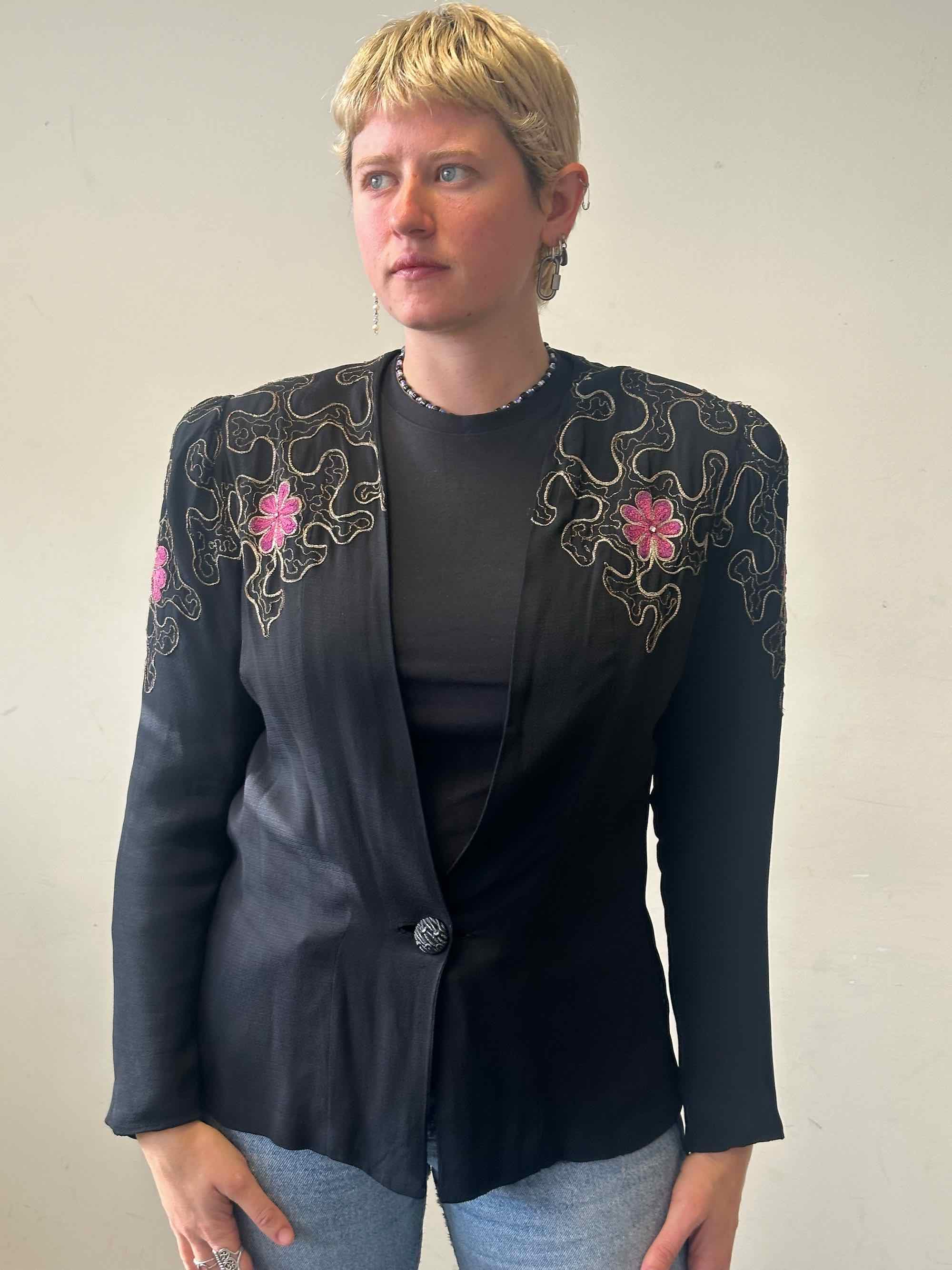 30s Embroidered Jacket Black Crepe Gold Pink Floral Embroidery Antique 30s Deco Evening Jacket Size M Embroidered Blazer