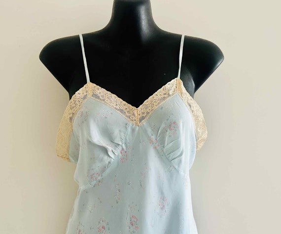 1950s 60s Slip Dress Nylon Pale Blue floral print… - image 2