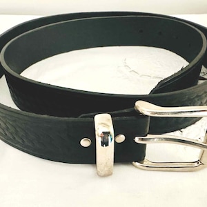 Security Belt Large Vintage Black Leather Belt: Patterned Design, Chrome Buckle, 46 W