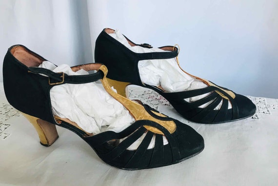 20s Dance Shoes Strap Heel Shoes UK 5 Black & Gol… - image 3