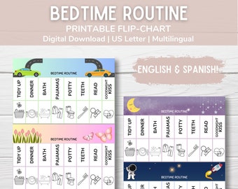 Bedtime Routine Chart | Visual Schedule | English and Spanish | Toddler Routine | Chore Chart for Kids | Printable | Checklist Tasks